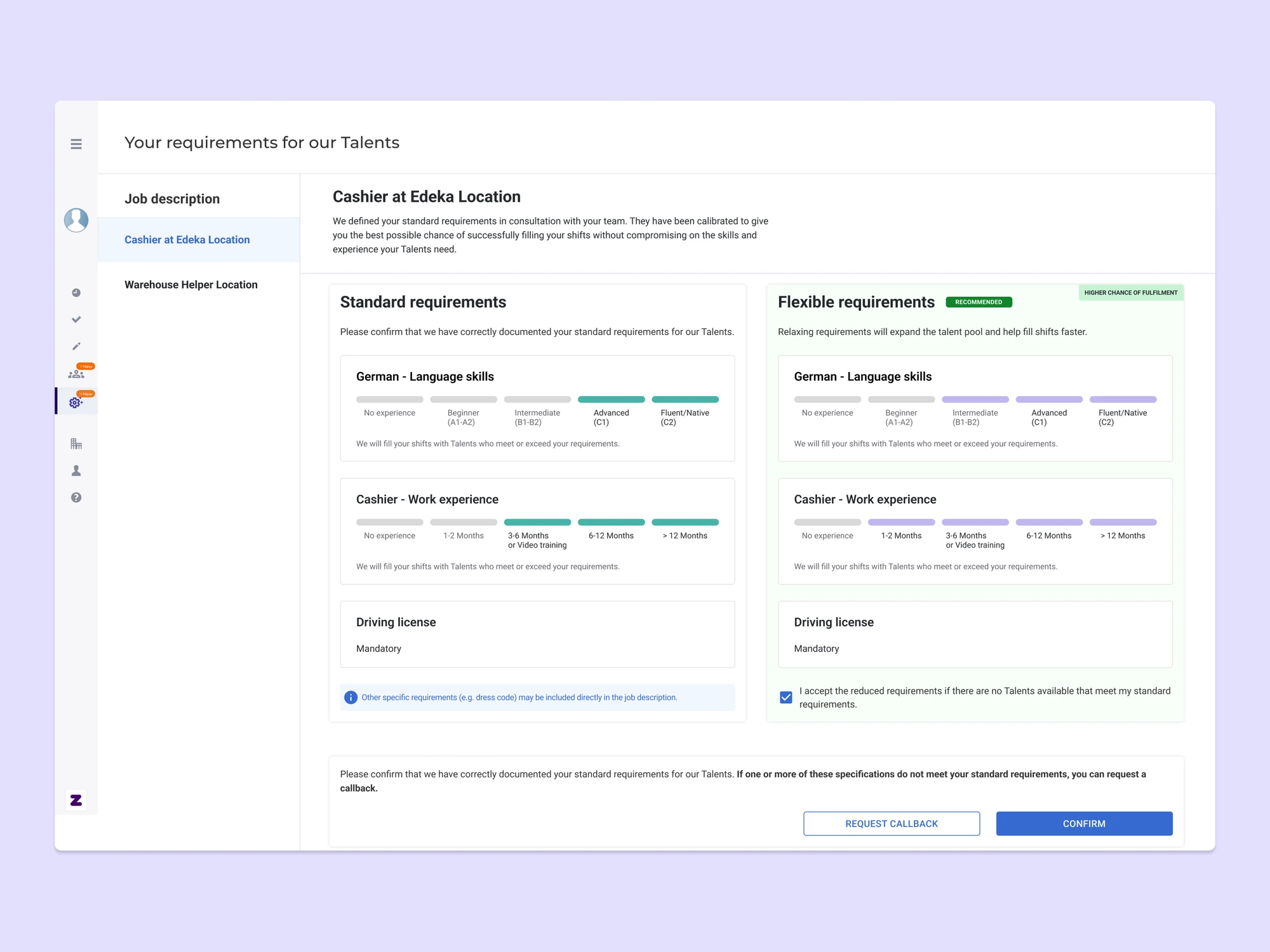Final interface showing standard and flexible talent requirements side by side